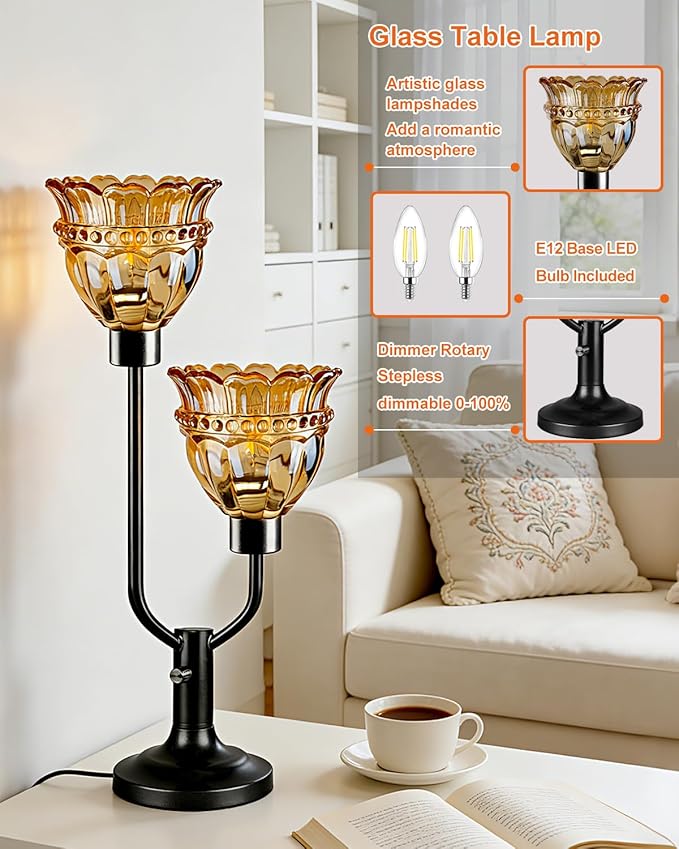 Lightdot Mid Century Modern Glass Table Lamp Black Dimmable Desk Lamps with Brown Glass Shade& 2Pcs 3000K Warmwhite Bulbs Included U-Shaped Bedside Nightstand Lamp for Living Room Bedroom
