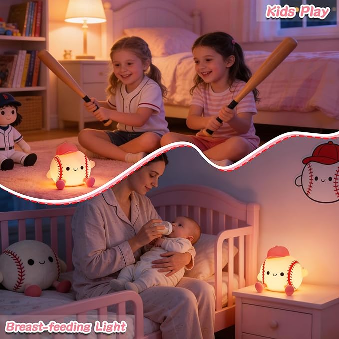 Softball Night Light, Softball Gifts for Girls, Soft Silicone Nursery Dimmable LED Lamp, Touch Rechargeable Bedroom Decor for Kids Baby Teen Athlete Sports Lover, Bedside Birthday Xmas Gifts Idea