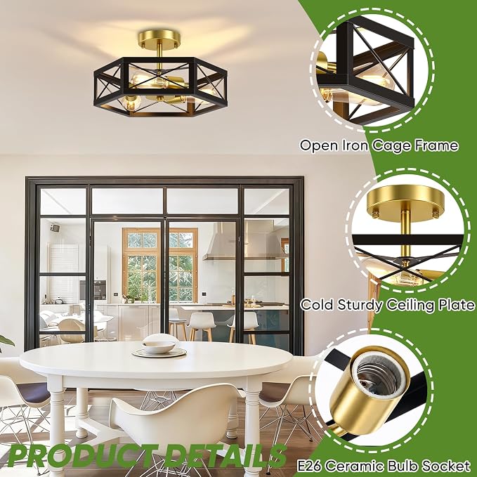 3-Light Semi Flush Mount Ceiling Light, Black and Gold Hallway Light Fixtures Ceiling Mount, Modern Metal Hexagon Cage Close to Ceiling Lights for Kitchen, Bedroom, Living Room