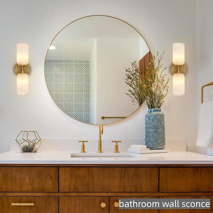 Alabaster Wall Sconces, 14" Modern Spanish Natural Marble Vanity Light, Dimmable Hardwired Brass Gold Wall Sconce Lighting for Bathroom Mirror, Bedroom, Living Room, Luxury Stone Wall Fixtures (1 Pcs)