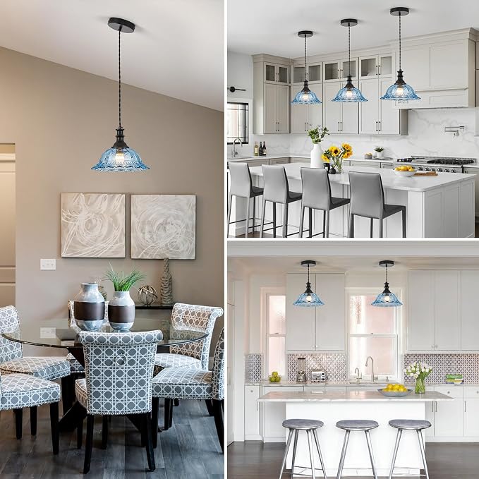 HDDFL Glass Pendant Lights Modern Pendant Lighting Fixtures Hanging Lamp for Kitchen Island Bedroom Dining Room Coffee Shop Hallway Blue and Black