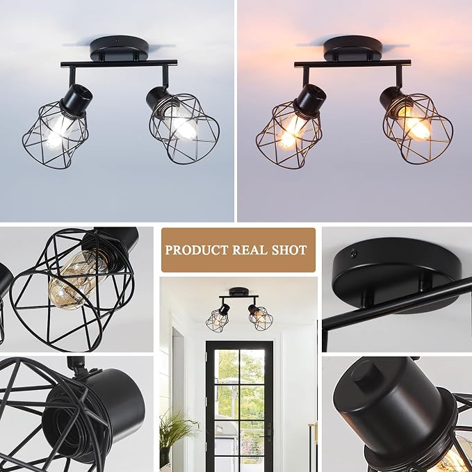 2 Lights Adjustable Multi-Directional Black Light Fixtures, Semi Flush Mount Ceiling Light, Kitchen Light Fixtures Ceiling Mount, Geometric Metal Cage Industrial Spotlight Fixtures for Dining Room