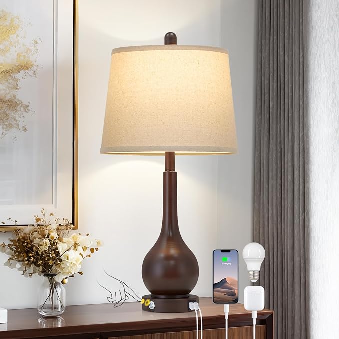 26" Brown Table Lamp Single, Touch Control Bedside Lamp for Bedroom Nightstand, 3-Way Dimmable Farmhouse Lamp for Living Room with Charging Port (1 Pack)