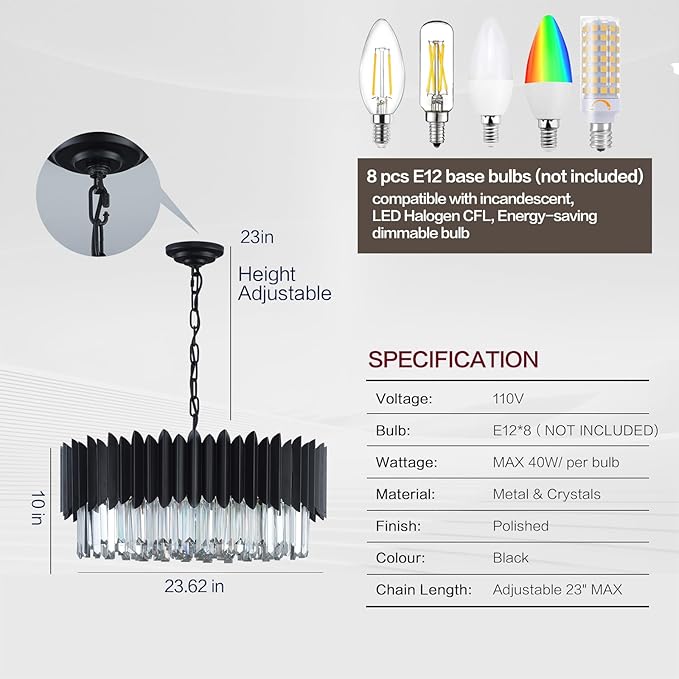 Modern Black Crystal Chandelier 24" Round Chandeliers 8-Lights Ceiling Pendant Light Fixtures 5 Tiers for Dining Room Living Room Bedroom Foyer Entryway