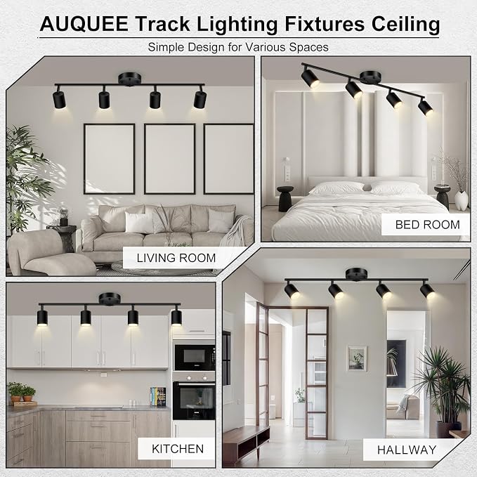 AUQUEE 4 Light Track Lighting Fixtures Ceiling, Black Kichen Track Lighting Fixtures with Rotatable Light Heads, Foldable Lamp Arms, Modern LED Track Lights for Kitchen/Hallway, No GU10 Bulb