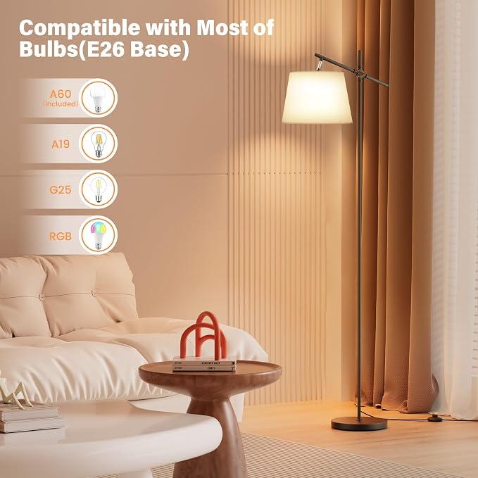 Floor Lamp with Linen Shade, Dimmable Tall Standing Lamp with Remote Control & 3 Color Temperatures Bulb, Modern Swing Arm Floor Lamps for Living Room Bedroom Office Corner