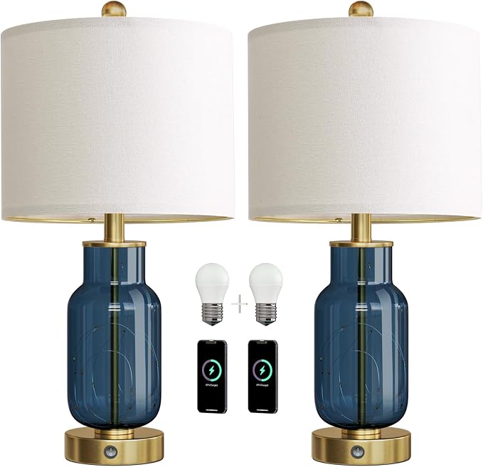 22" Glass Table Lamps Set of 2, Blue Modern Bedside Lamp with LED Night Light for Living Room, Nightstand Lamp with USB Ports for Bedrooms, Study Room, End Table(2 Bulbs Included)