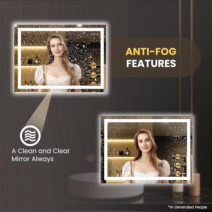 LOAAO 58"X40" LED Bathroom Mirror with Lights | Anti-Fog, Dimmable, 3 Color Temperature, Backlit + Front Lit, Memory Function, Tempered Glass, UL Listed