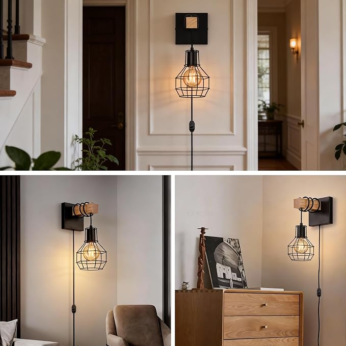 Lightess Plug in Wall Sconces Set of 2 Industrial with Dimmer Cord Control | Wall Mount Light Fixture with ON/Off Dimmable Switch Cord Rustic Accent Lights For Bedroom Living Room Bulb Not Included