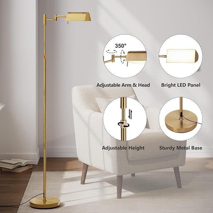 SUNMORY Dimmable LED Pharmacy Floor Lamps, 16W/1500LM Bright Reading Lamp | Remote Touch Control, 350°Swing Arm, Adjustable Height, Task Craft Tall Standing Light for Living Room Bedroom Office, Gold