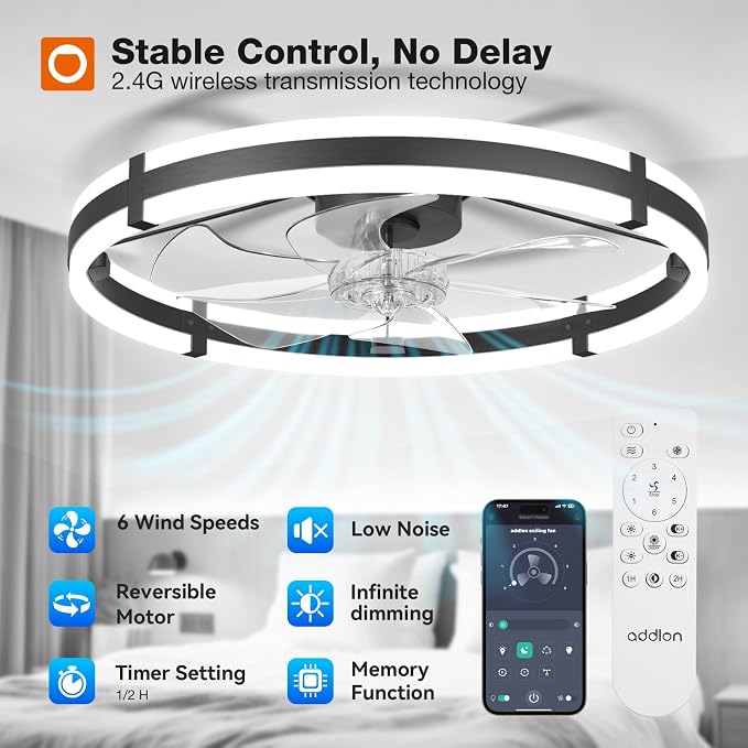 addlon 24" Low Profile Fandelier Ceiling Fans with Lights and Remote, Black | Wider Airflow, 3000-6000K Dimmable LED, 6 Speeds, Reversible DC Motor, Remote and App Control, Memory Function, Timer, Quiet