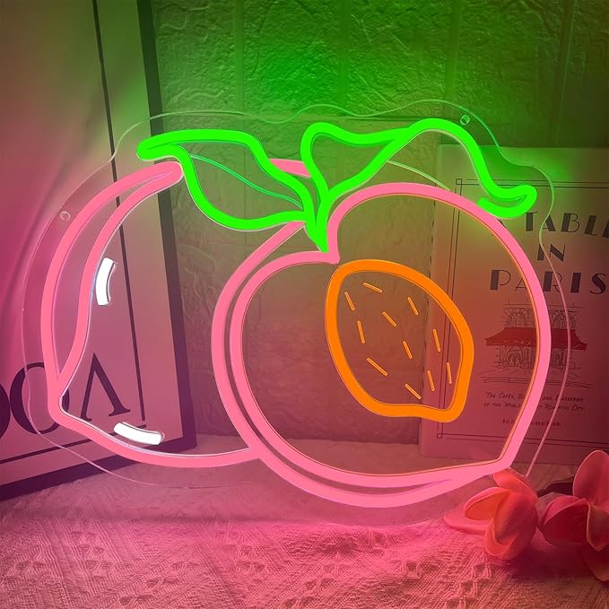 Peach Neon Sign for Wall Decor, Dimmable Pink Peaches Fruit Neon Lights, Vibrant Fruit Themed Neon LED Signs for Kids Room, Bedroom, Restaurant, Bar, Club, Fruit Shop, Birthday Party