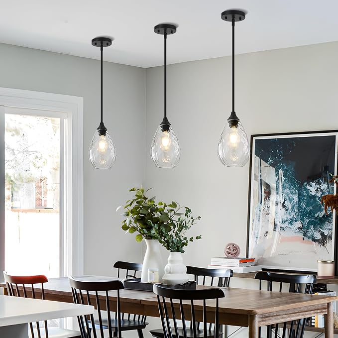 Black Pendant Lights Kitchen Island 2 Pack, Modern Glass Pendant Light Fixtures with Hammered Glass and Rods, Adjustable Small Hanging Light for Kitchen Sink Dining Room Bathroom
