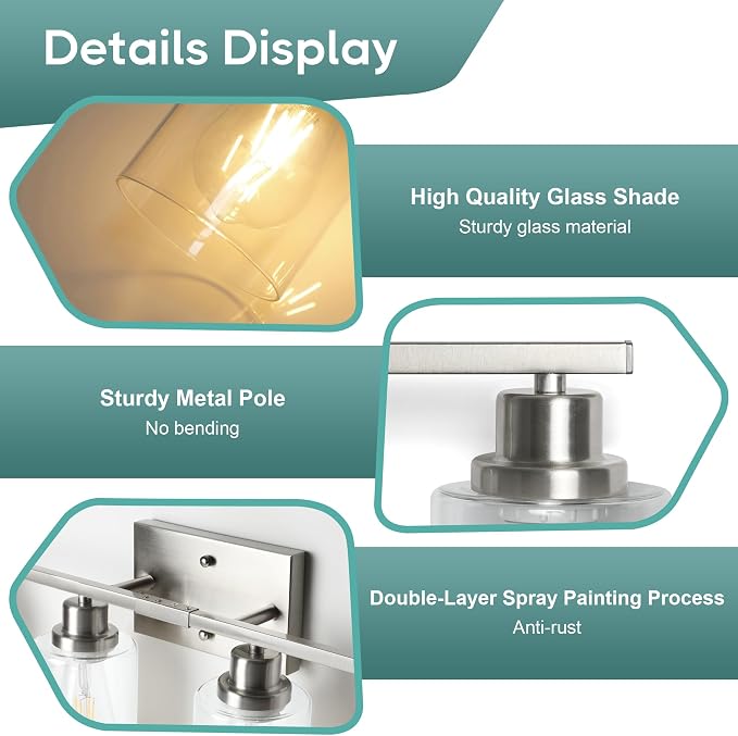 Ascher Bathroom Light Fixtures, 4-Light Vanity Light Over Mirror, Brushed Nickel Wall Sconces with Clear Glass Shades, Wall Lamp for Living Room Bedroom, E26 Base(Bulbs Not Included)
