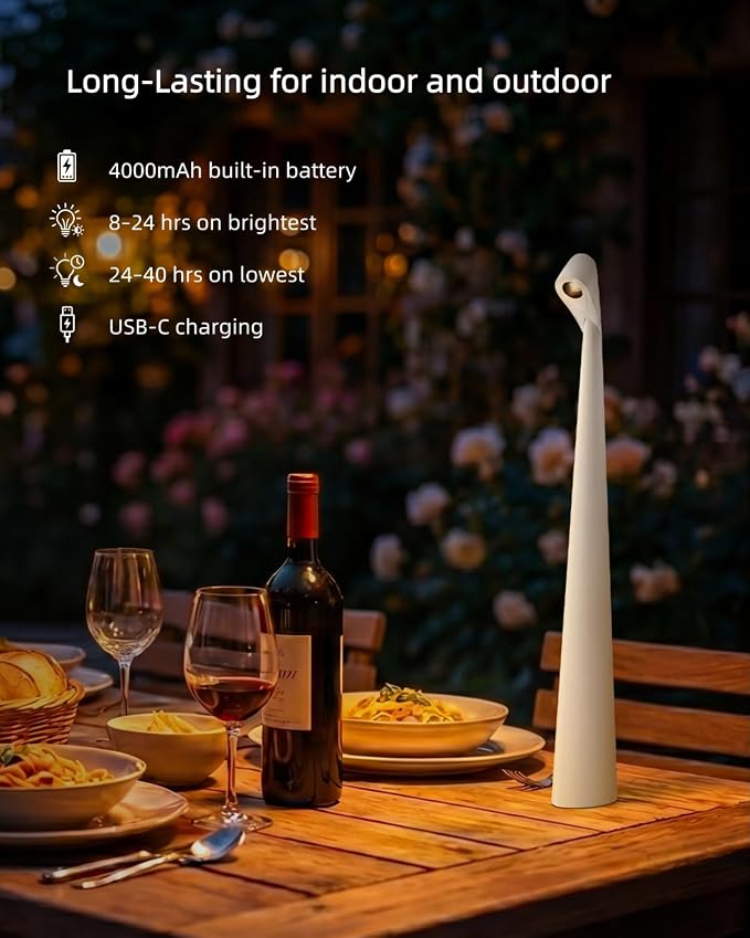 Cordless LED Table Lamp, 4000mAh Rechargeable Portable Desk Lamp, 3-Level Brightness, Bedside Night Light, Ambient Reading Light for Restaurant, Bedroom, Outdoor Camping, Night Light, White | 3-Level Brightness, Bedside Night Light, Ambient Reading Lig...