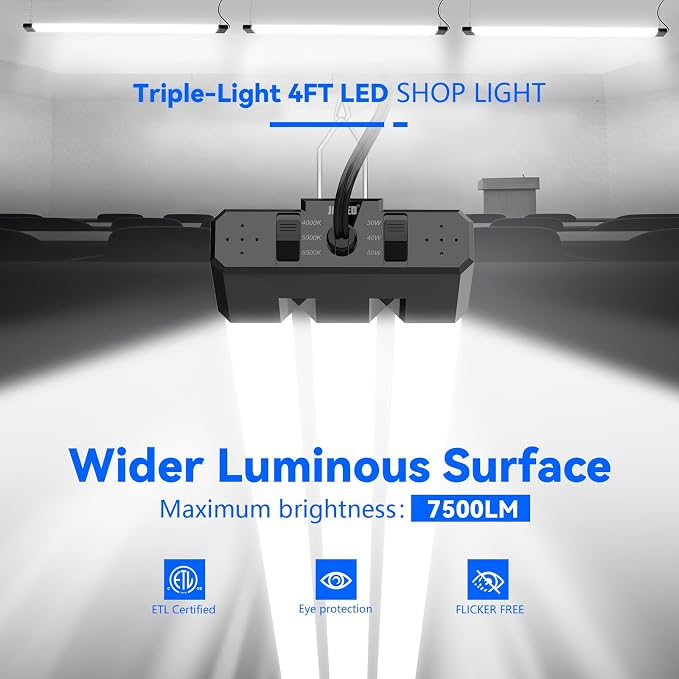 JESLED LED Shop Lights 4FT 7500LM, 3CCT & 3 Wattage Adjustable, ETL | 3CCT 4000K, 5000K & 6500K, 30W/40W/50W Selectable, Linkable for Garages & Workshops, Ceiling or Hanging Mount, 10 Pack