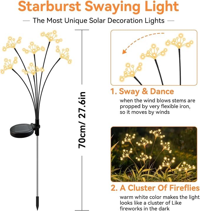 Solar Garden Lights, New Upgraded 6 Pack Solar Swaying Starburst Light, Waterproof Fireworks Outdoor Lights, Yard Patio Pathway Decoration, Warm White