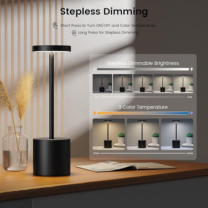 SAKRINGT 2 Pack Rechargeable Table Lamp, LED Cordless Table Lamp,5000mAh Battery Operated Portable Table Light,Dimming for Restaurant/Patio/Outdoor(Black)