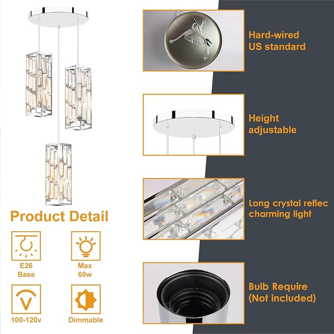 Modern 3-Light Crystal Pendant Light Fixture Kitchen Island, Chrome | Mini Crystal Chandeliers, Height Adjustable Cord, Ceiling Hanging Lighting for Kitchen Island Dining Room Bedroom