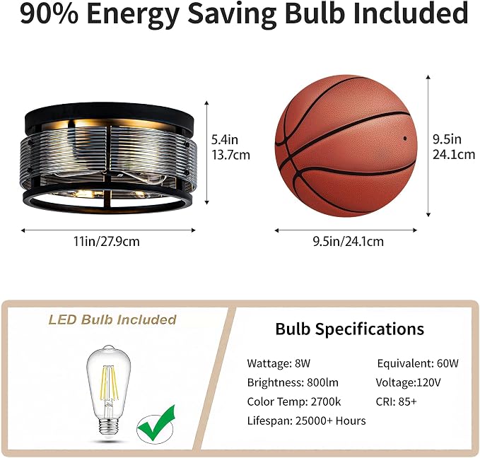 MAYNA 2-Light Round Flush Mount Ceiling Light Fixture,Black Metal Glass Farmhouse Ceiling Light with LED Bulb, Vintage Industrial Ceiling Lamp for Bedroom Kitchen Hallway Entryway