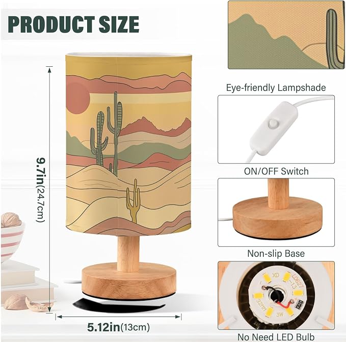 Fustylead Abstract Desert Sunset Cactus Bedside Table Lamps with USB Port for Bedroom Lamp Accent Table Lamp Small Nightstand Lamp Sturdy Linen Shade Wooden Decorative Lamps for Home|Kids|Holiday