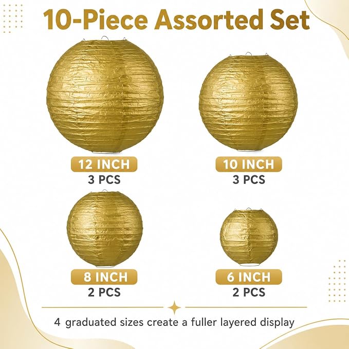 LIHAO 10 Pack Gold Paper Lanterns, 6/8/10/12 Inch, Graduation Party Decor | Chinese Lantern, Ceiling Hanging Decor, Birthday & Wedding Decorations