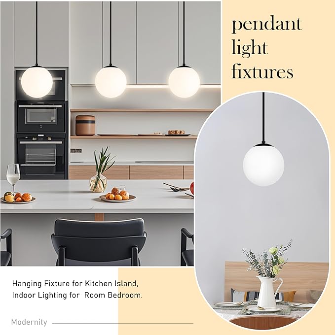 8" Globe Pendant Light Black 2 Pack Mid Century Pendant Light Globe Pendant Lights Kitchen Island Matte Black Finished with Milk Glass Adjustable Ceiling Light Fixtures for Dining Room Bar