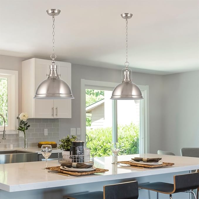 Kira Home Belle 14" Modern Industrial Pendant Light for Kitchen Island | Classic Dome Metal Shade, Retro Mid-century Profile Design, Premium Brushed Nickel Finish Ceiling Hanging Fixture