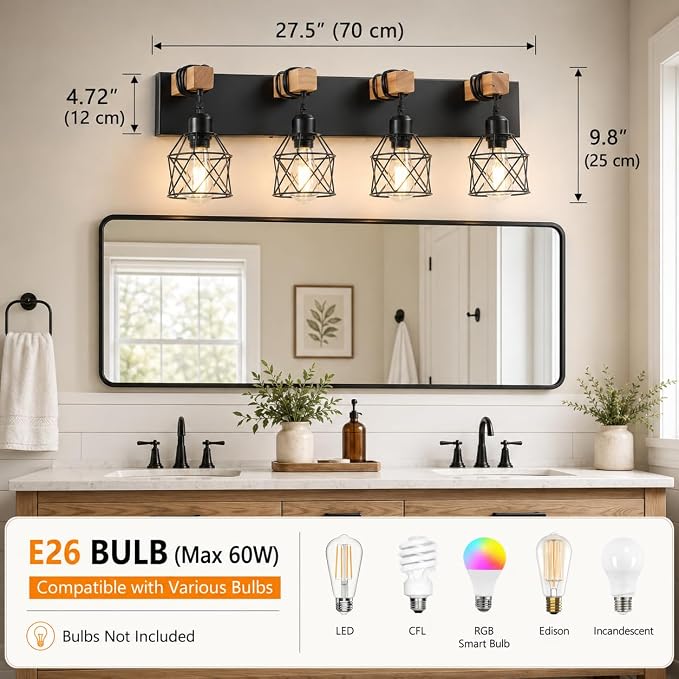 Farmhouse Vanity Light Fixture,4-Light Bathroom Lighting,Black Industrial Wood Wall Light Over Mirror with Metal Shade,LED Bulbs Not Included