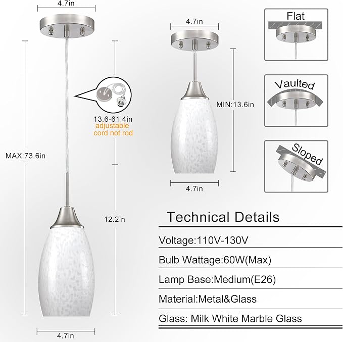 Viinew 3-Pack Glass Pendant Light,Mini Milk White Glass Pendant Light | Mini Milk White Handblown Art Glass Shade Ceiling Light 4.72" Hanging Pendant Light for Kitchen Island,Dining Room