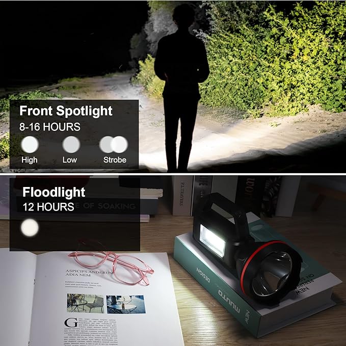 Rechargeable Spotlight Flashlight, High Lumens Handheld Spotlight,LED Searchlight with Shoulder Strap and USB Output for During Hurricane,Emergency, Storms, Outages,Hunting , Hiking, Camping(Black1)