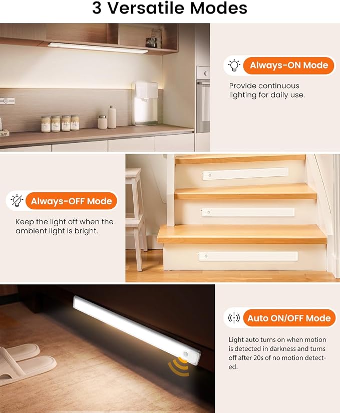 8 Inch Under Cabinet Lights, 41 LED Rechargeable Magnetic Motion Sensor Light Indoor, Brightness Dimmable 6000K Stepless Dimming Closet Light, for Under Counter, Kitchen, Stairs, Closet, 5 Packs