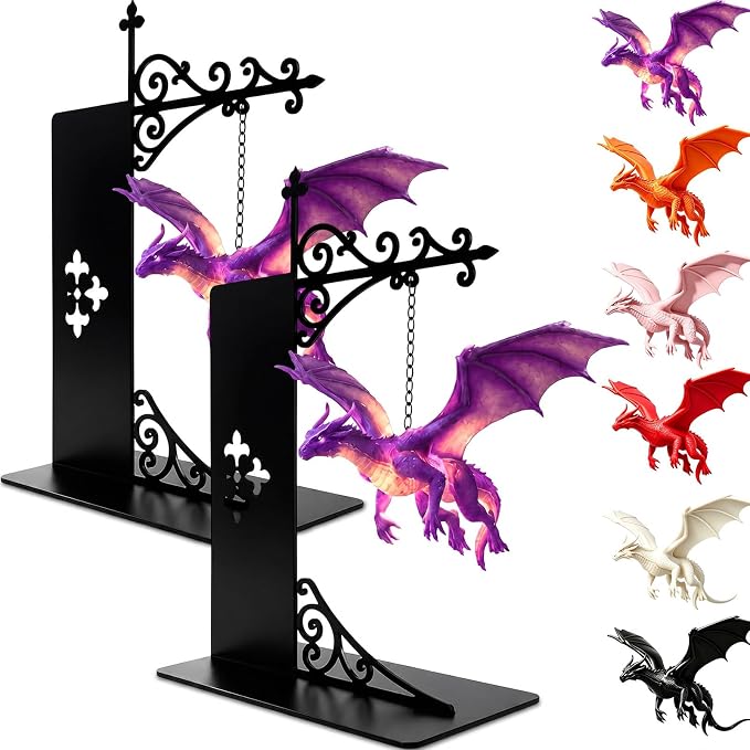 Magical Floating Dragon Bookshelf Lamp, Warm LED Dragon Night Light, Fantasy Gothic Bookend Decor, Reading Nook Ornament, Gift for Book Lovers & Fantasy Fans，Purple+Purple