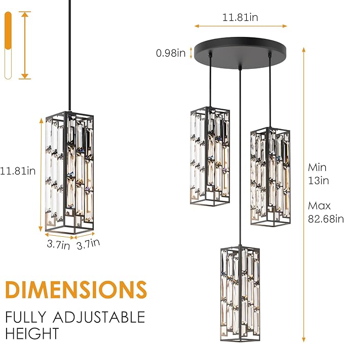 Modern 3-Light Crystal Pendant Light Fixture Kitchen Island, Black | Mini Crystal Chandeliers, Height Adjustable Cord, Ceiling Hanging Lighting for Kitchen Island Dining Room Bedroom