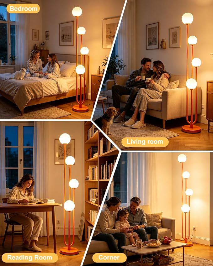 Lightdot Orange Globe Floor Lamp 4-Lights Dimmable Floor Lamps with 3000K Bulbs Included Unique Mid Century Modern Tall Standing Lamp with 5Lbs Heavy Base for Living Room/Bedroom/Sofa Beside
