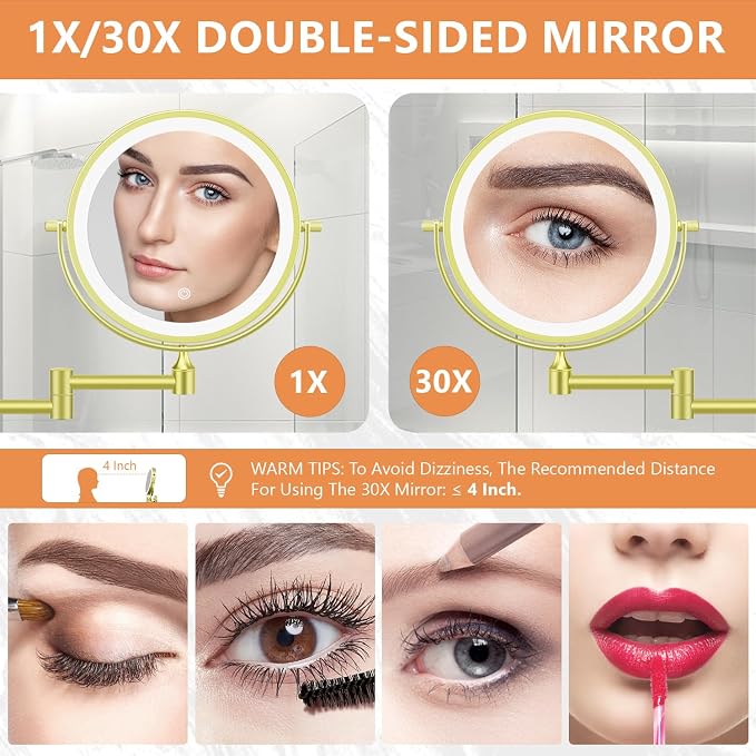 Auxmir 1X/30X Wall Mounted Makeup Mirror, 8" Rechargeable Magnifying Mirror | double-sided button, 3200mAh, 3 dimmable colors, 360° rotation, extended arm, 30X magnification, bathroom, gold