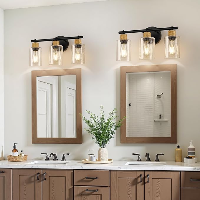 MOKATNG Bathroom Light Fixtures, 3-Light Coastal Vanity Lights with Seeded Glass, Black Bathroom Wall Lamp for Mirror Kitchen Cabinet Hallway