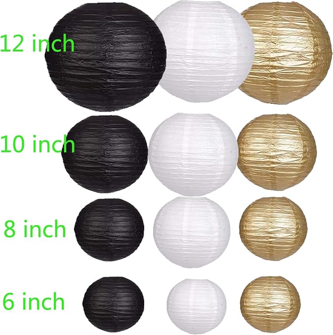 12Pcs Paper Lanterns 6”, 8”, 10”, 12”,Paperlanterns Party Decoration, Black White Gold Paper Lanterns for Wedding, Bridal, Birthday, Outdoor, Home, Garden, Holiday and Party.