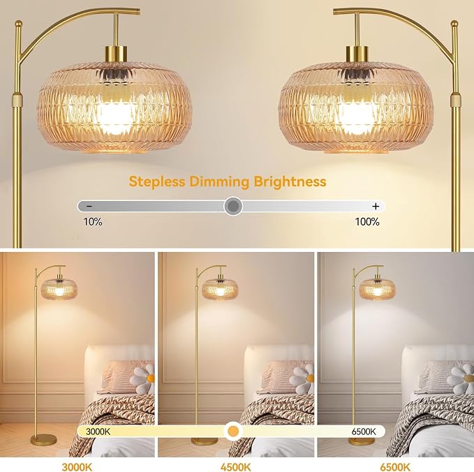 ILLMTW Glass Floor Lamp for Living Room,Bedroom,Gold Mid Century Modern Standing Lamp with Remote,Dimmable Brass Tall Lamp Amber Lamp Vintage Retro Arc Floor Lamps Floor Light Boho Bohemian