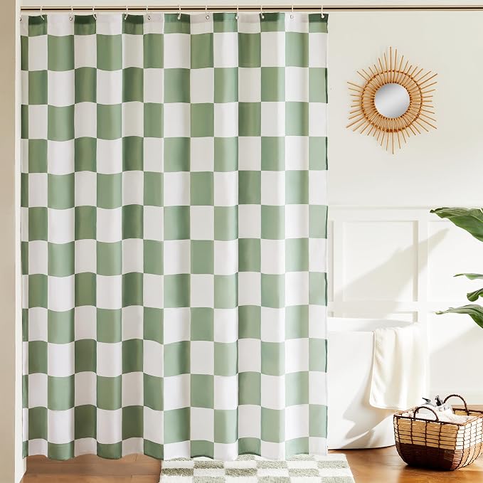 Ohocut Checkered Shower Curtain, Sage Green Shower Curtains for Bathroom, Cute Retro Checkboard Shower Curtain Vintage Aesthetic, Washable Fabric Bath Curtain 72''x72''