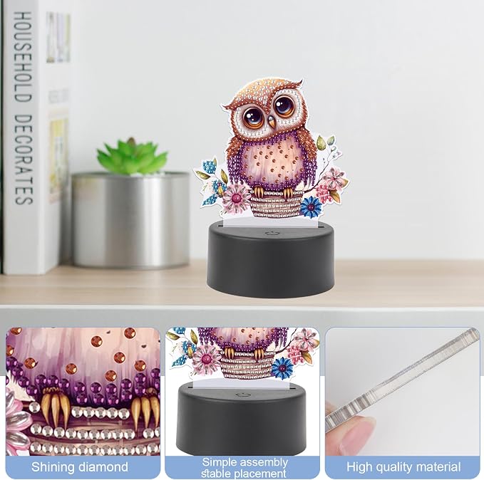 JISHSHAY Diamond Painting Night Light Diamond Art Table Lamps Gem Art LED Lights Gem Painting Desk Lamp Mosaic Kits for Adults DIY Kits for Adults Paint by Numbers, with Special Shaped Crystal, Owl