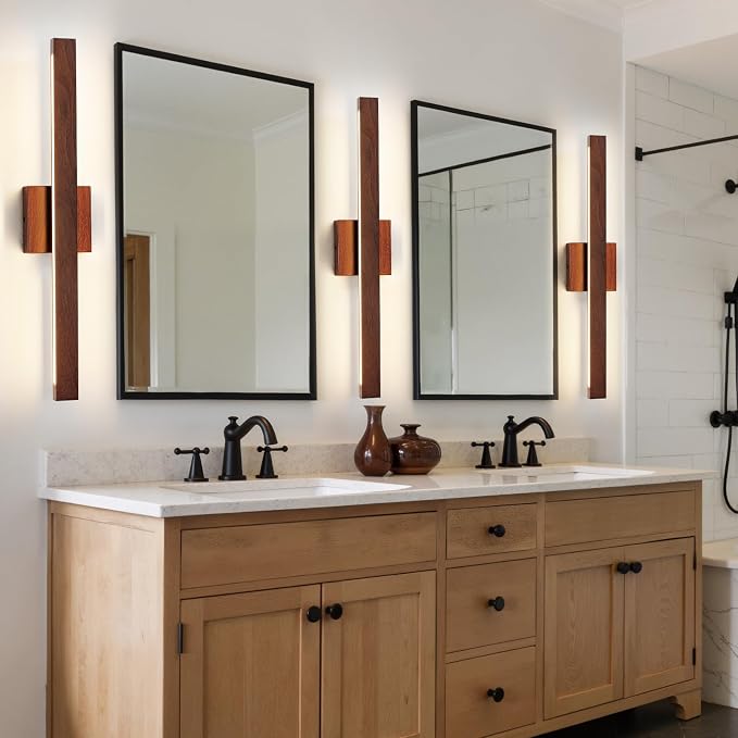 Modern Bathroom Light Fixtures Over Mirror, 24 Inch Brown Wood Finish Vanity Light Bar 20W Dimmable 5CCT LED Vanity Lights for Bathroom Wall Lighting Fixtures Over Mirror