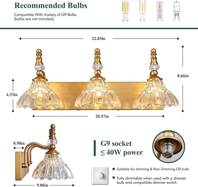 Vintage Bathroom Vanity Light, 3-Light Brass Vanity Lighting Fixture with Flower Glass Shade, Bathroom Lighting Fixtures Over Mirror