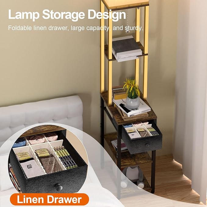 Lightdot Floor Lamp with Shelves&Drawer, Black and Gold Sofa Lamp with Fabric Shade, Display Corner Floor Lamp with Storage Table for Living Room/Bedroom/Sofa Beside/Corner Decor(Bulb Include)