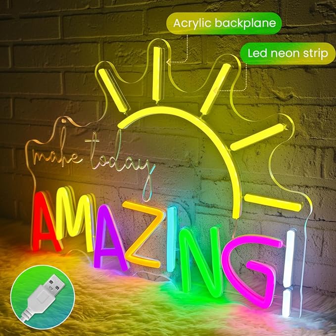 Make Today Amazing Neon Sign-Colorful LED Light Sign with Sun Design,USB Powered & Dimmable for Motivational Wall Decor,Bedroom,Office & Living Room,Neon Signs for Home Decor