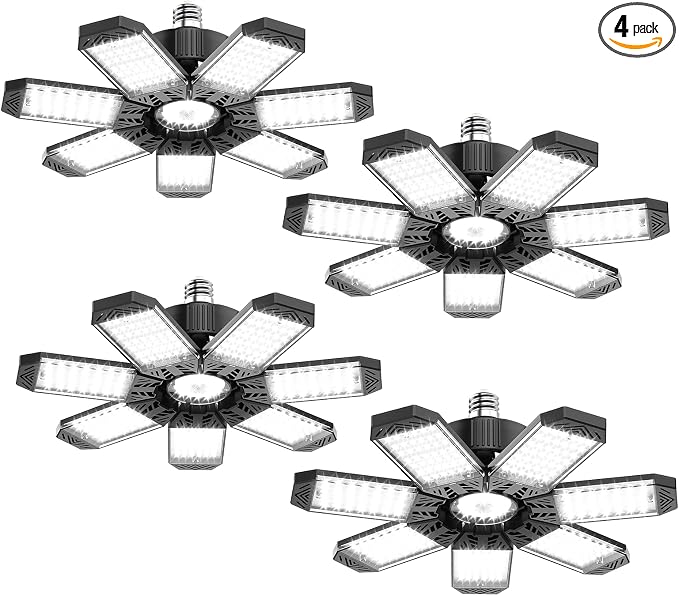 LED Garage Light 200W, 4 Pack 20000LM Super Bright Garage Lights Ceiling Led with 7 Adjustable Panels 6500K Led Shop Lighting Screw in E26/E27 Bulb Socket for Basement Barn Workshop