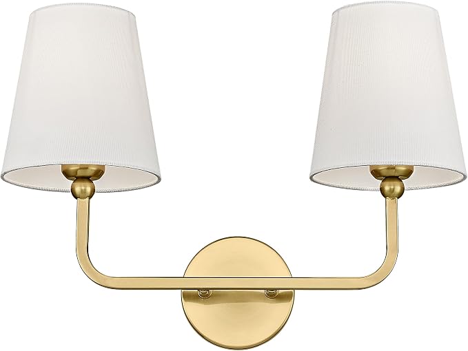 2 Light Bathroom Vanity Light, Brushed Gold Double Wall Sconce with Flared White Fabric Shade, Modern Sconces Wall Lighting for Hallway Bedroom Stairway, VL837-BG | 17" double wall sconce, upward only, E26 base, hardwired, bulbs not included, VL837-BG