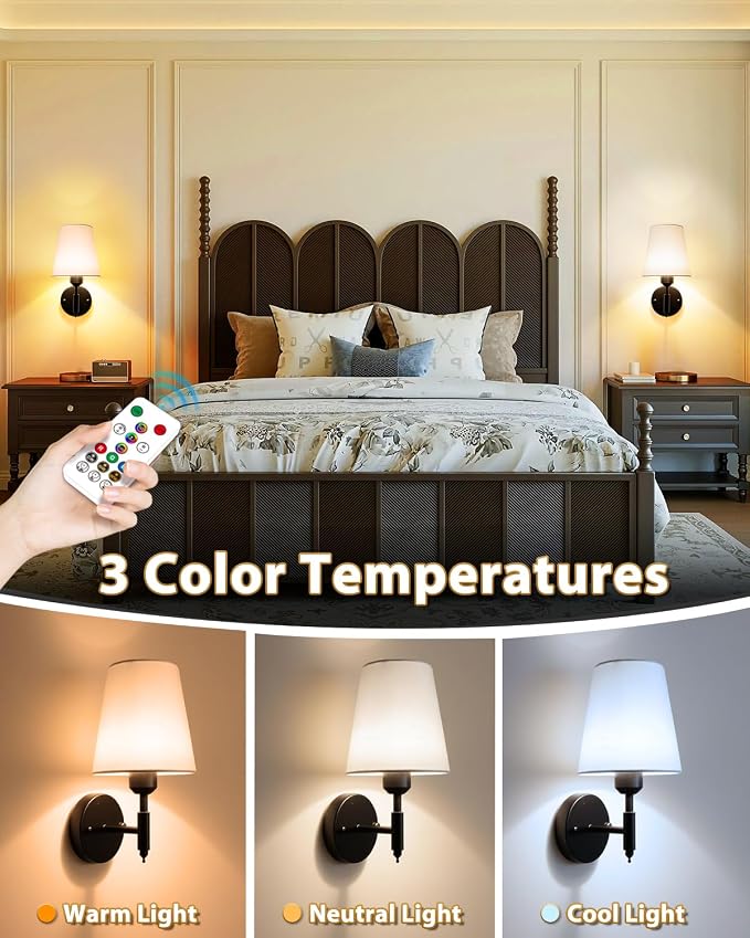 Adetu Battery Operated Wall Sconces Set of 2, Black Rechargeable Wall Lights