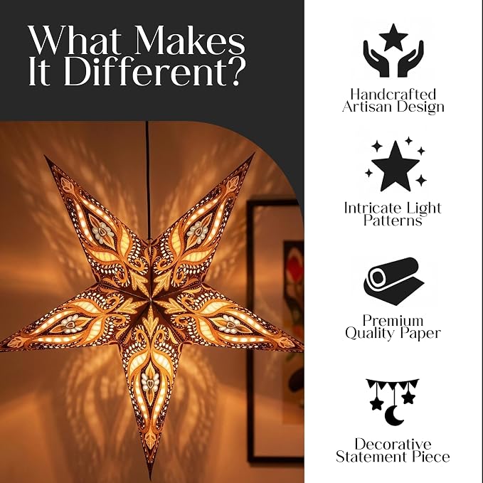 Paper Star Lantern 24 Inch - Recycled Boho Lamp Tiger's Eye | Artisan-Made in India with 12-Foot UL Approved Cord, Warm Ceiling Accent for Living Rooms, Bedrooms, Studios, and Events