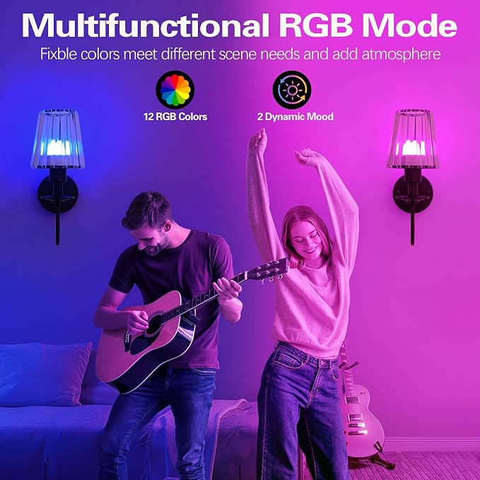 Battery Operated Wall Sconces Set of 2, Black Crystal Wall Lights | 5200mAh rechargeable wall lights with magnetic bulbs, remote control, 15 colors, 10-level dimming and timer for bedrooms